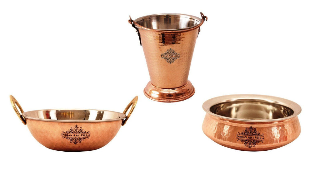 Steel Copper Handi | 500 ML | with 1 Kadai Wok Bowl | 450 ML | & 1 Bucket | 350 ML