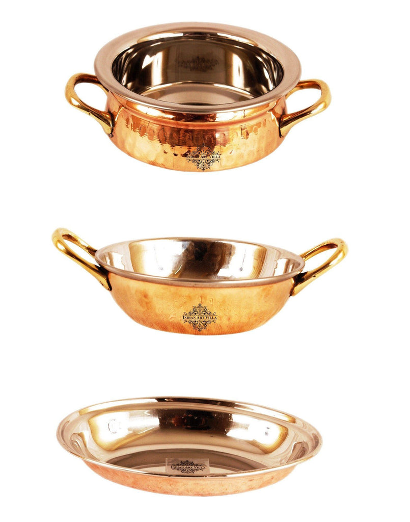 Steel Copper Handi with 1 Kadhai Wok Bowl & 1 Platter