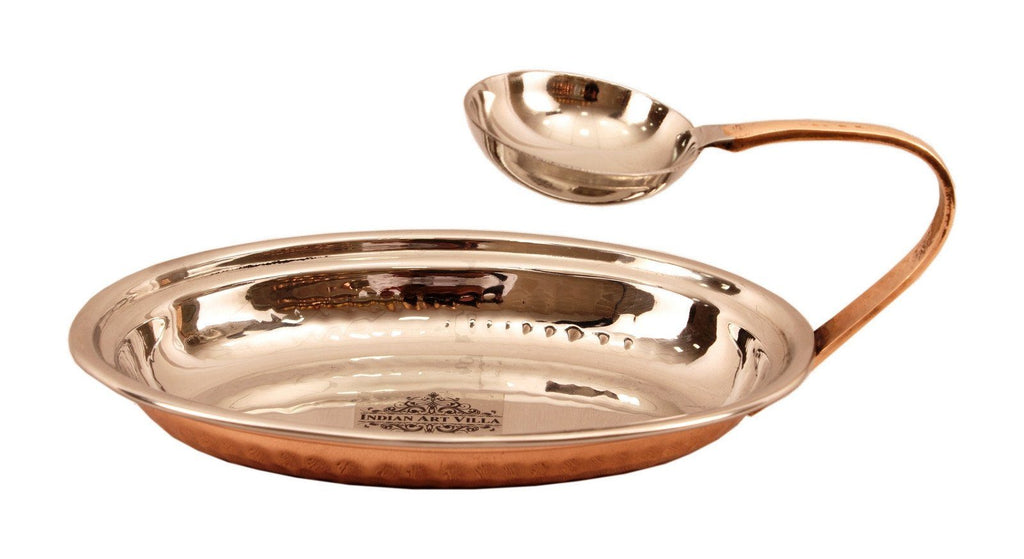 Steel Copper Platter with Attached Bowl | 450 ML | & 1 Tawa with Bowl | 50 ML Steel Copper Serve Ware Combo Indian Art Villa