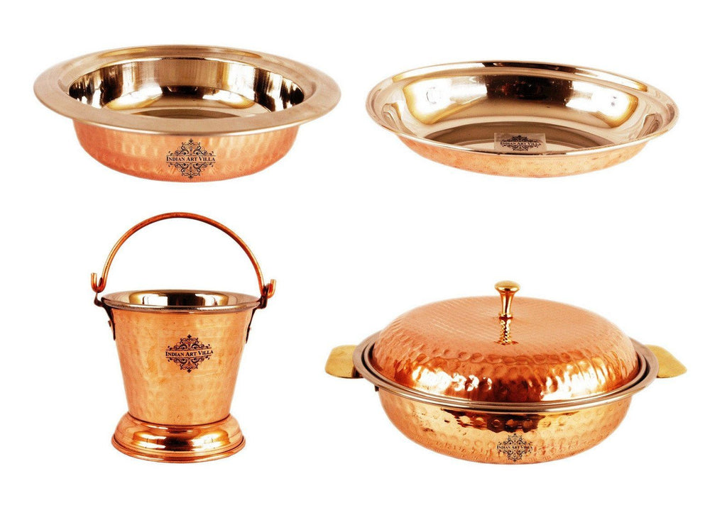 Steel Copper Serving Bucket 1 Donga with Lid 1 Platter & 1 Entrée Bowl