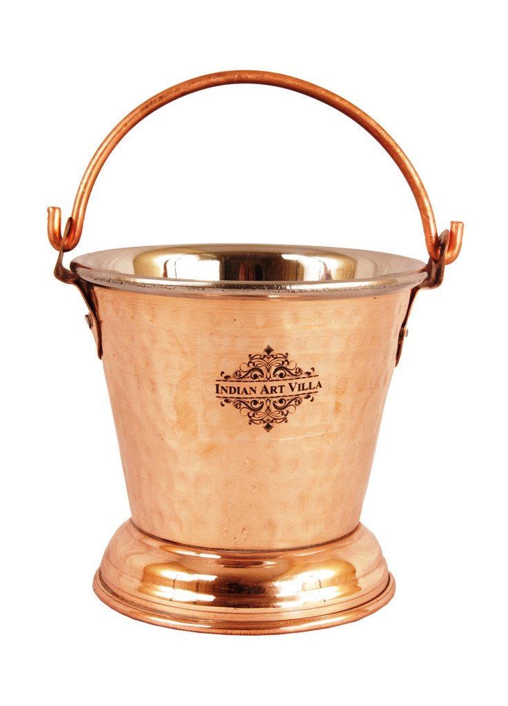 Steel Copper Serving Bucket 1 Donga with Lid 1 Platter & 1 Entrée Bowl Steel Copper Serve Ware Combo Indian Art Villa