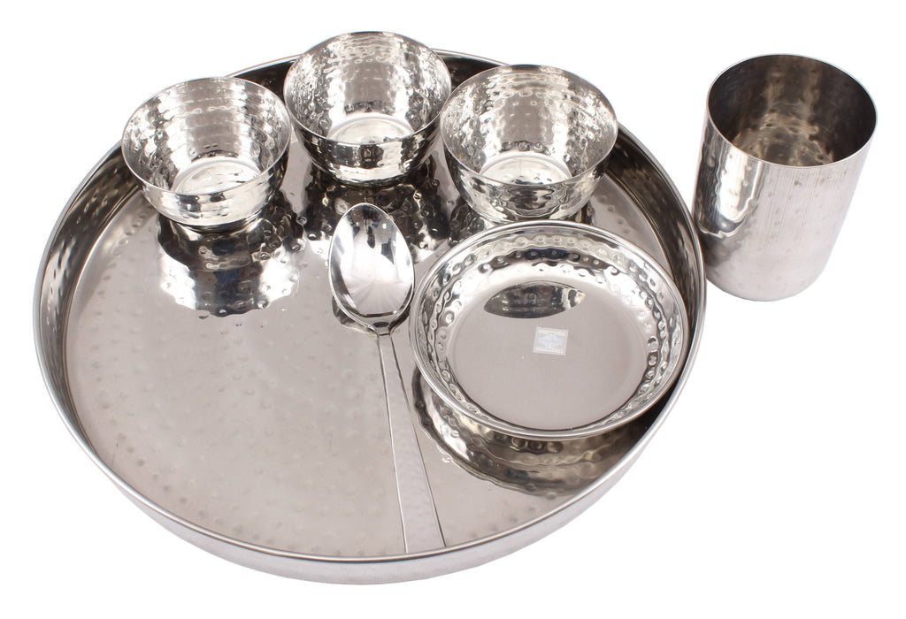 Steel Hammer 7 Piece Thali Set (1 thali 12", 3 Bowl, 1 Halwa Plate, 1 Dessert Spoon, 1 Flat Hammered Glass) Steel Dinner Sets SS-5 