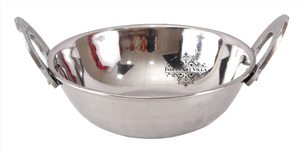 Steel Kadhai Wok with Embossed Design Handle - Serving Dishes Hotel Restaurant
