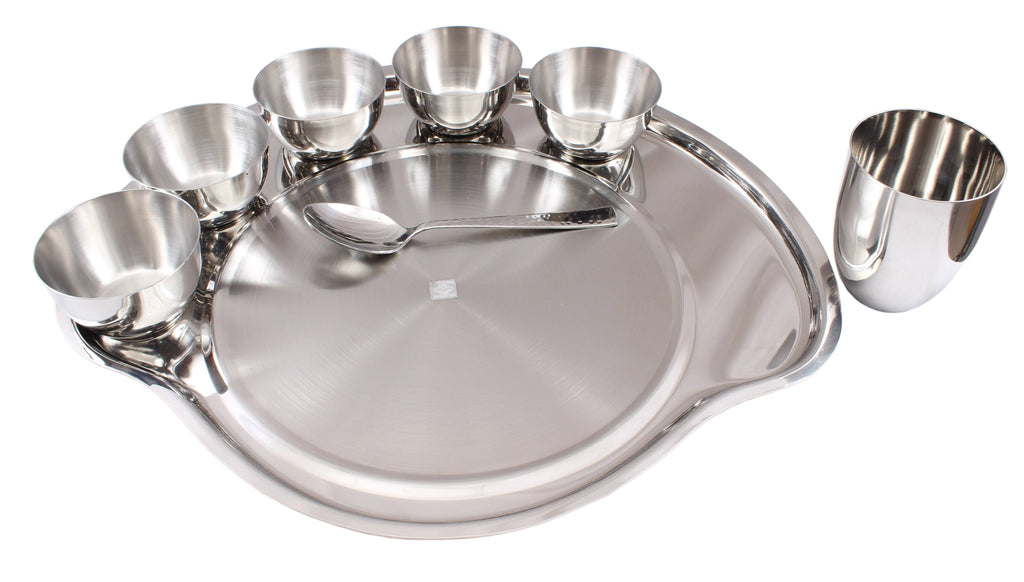 Steel Plain Konika 8 Piece Big Thali Set (1 Thali 15", 5 Bowl, 1 Konika Glass, 1 Spoon) Steel Dinner Sets SB-TW 