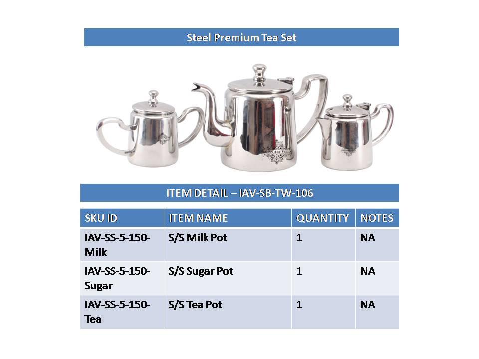 Steel Premium Tea Set-1 Milk Pot 1 Tea Pot 1 Sugar Pot Steel Ware Serve Ware Combo Indian Art Villa
