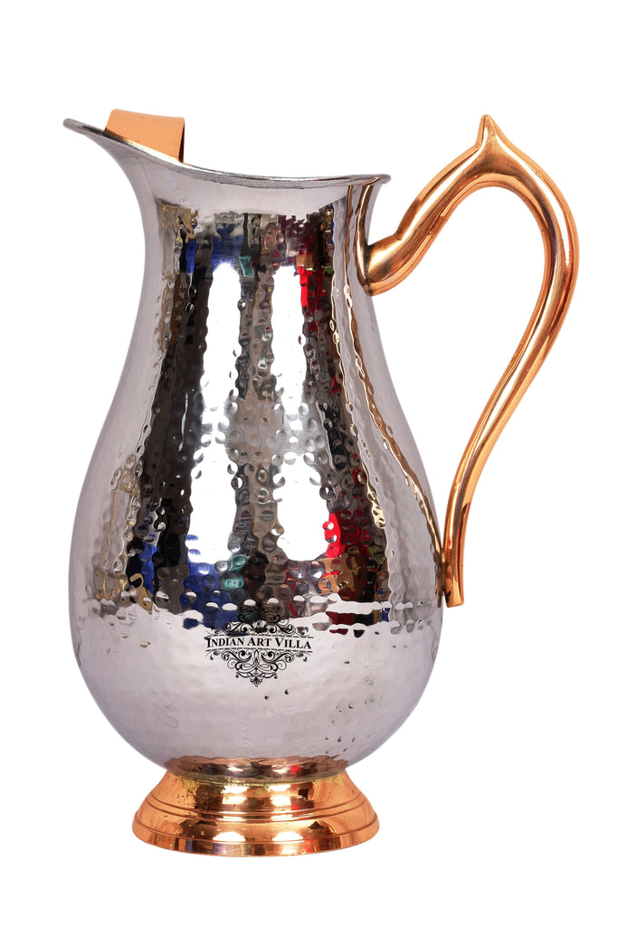 Steel Royal Hammered Jug Pitcher with Brass Handle|Serving Water 2000 ML