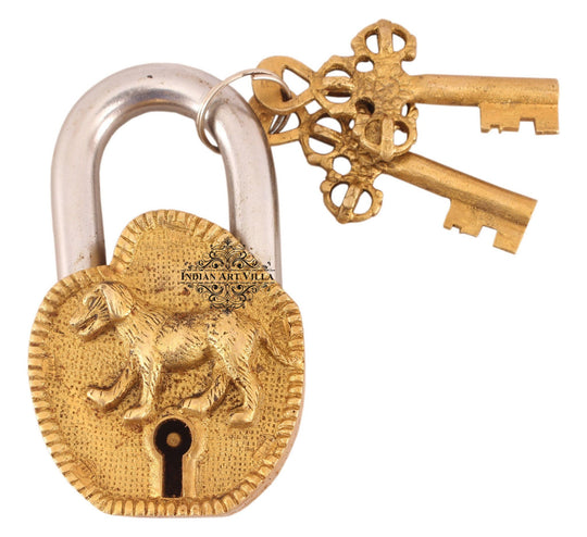 INDIAN ART VILLA Vintage Style Dog Design Brass Security Lock with 2 Keys